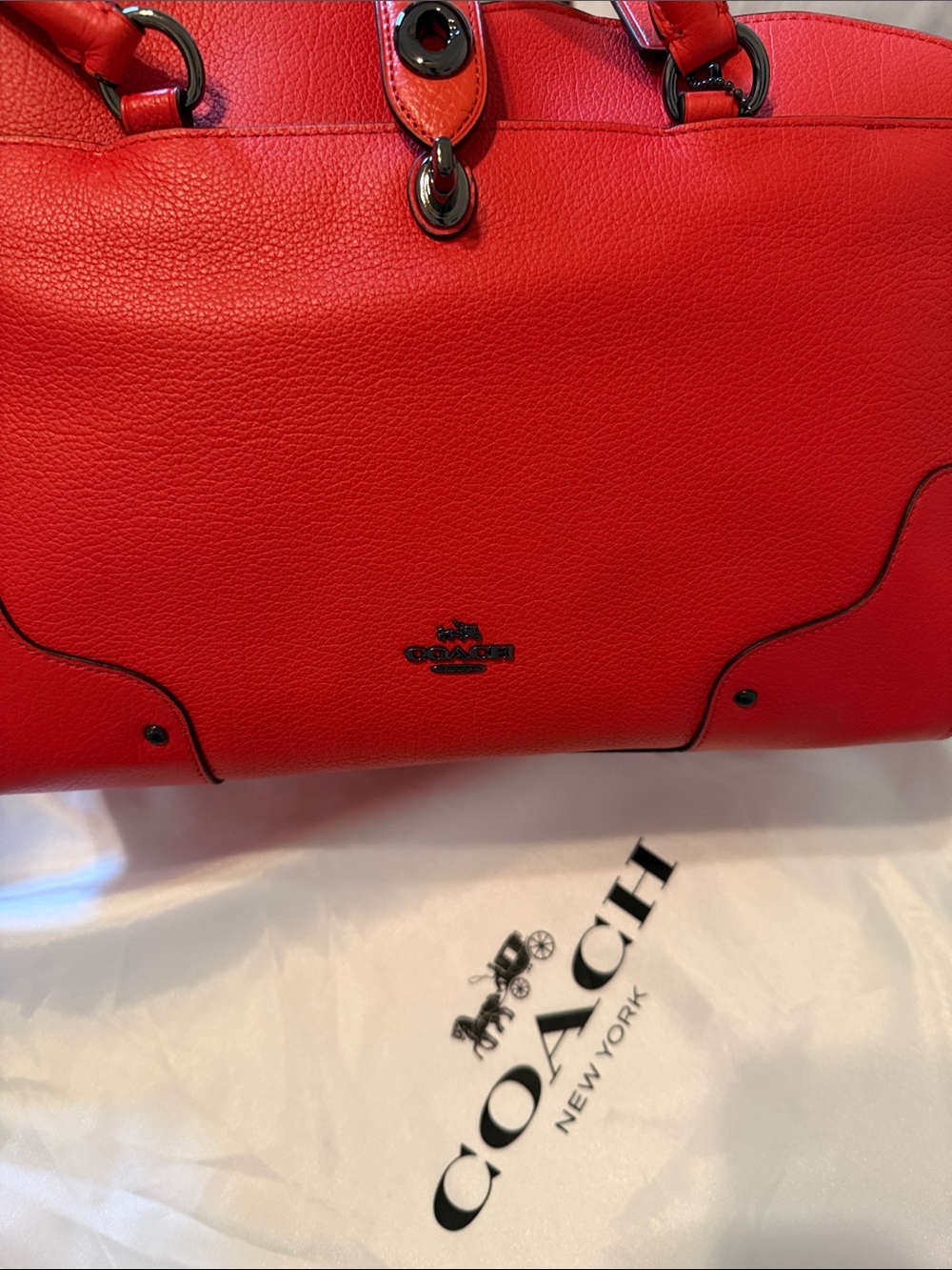 Coach Red Pebbled Leather Tote with Black Trim